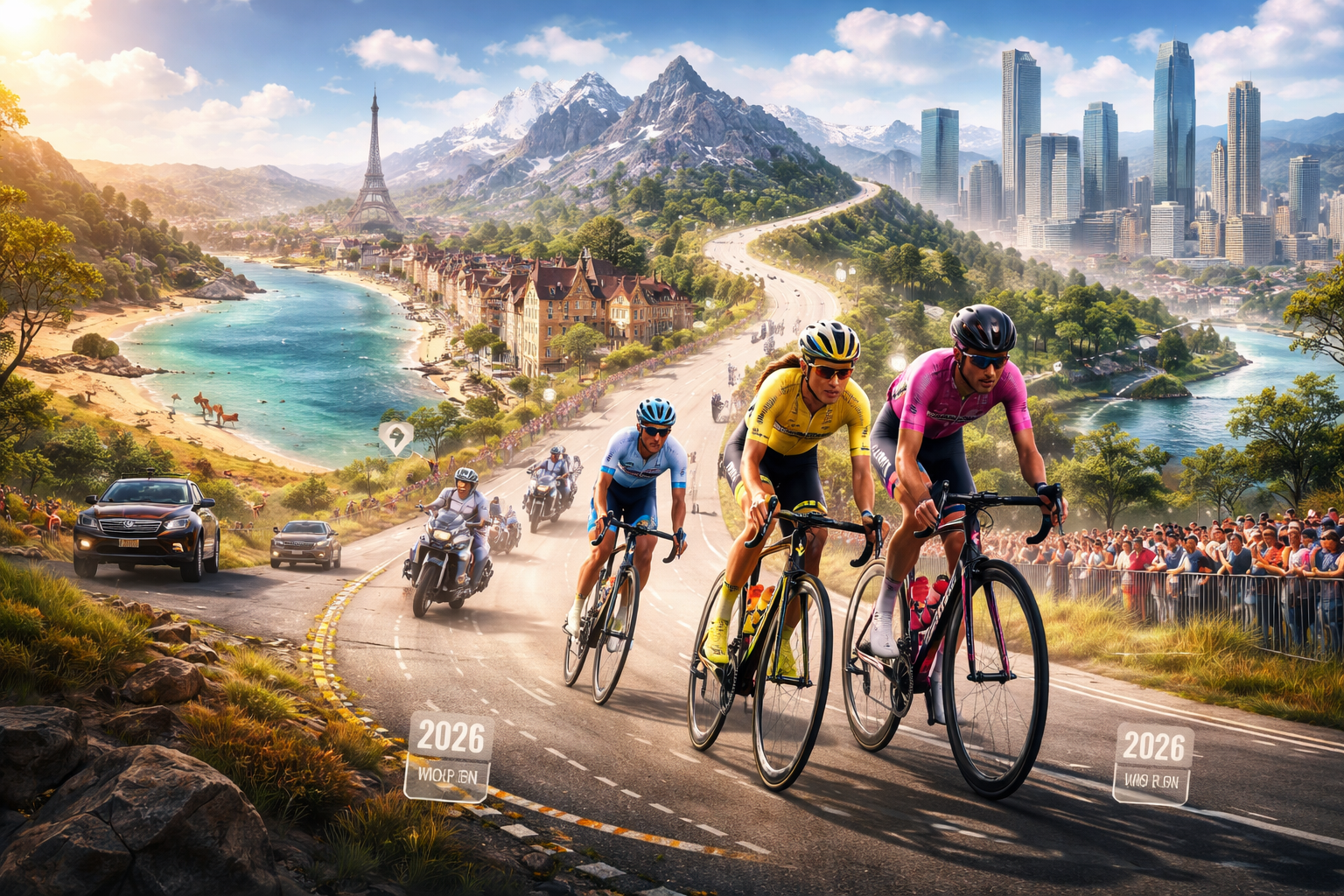 Women’s professional cyclists racing across global landscapes symbolising 2026 season calendar