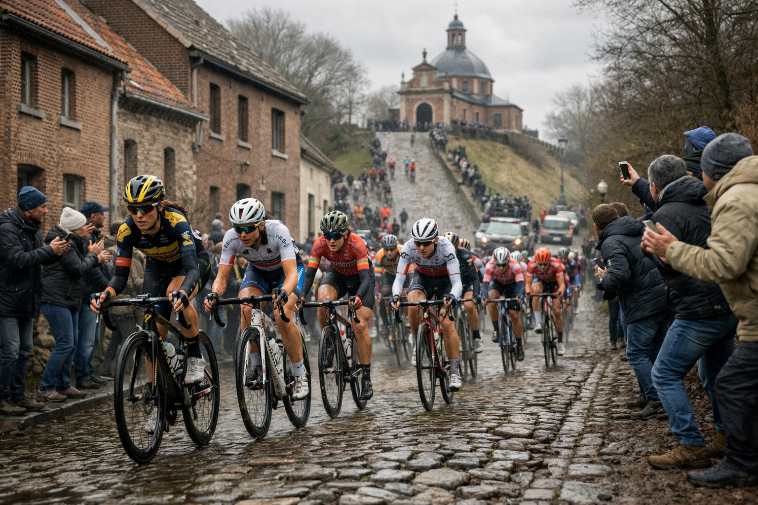 Omloop Het Nieuwsblad Women 2026 peloton racing on Belgian cobbles