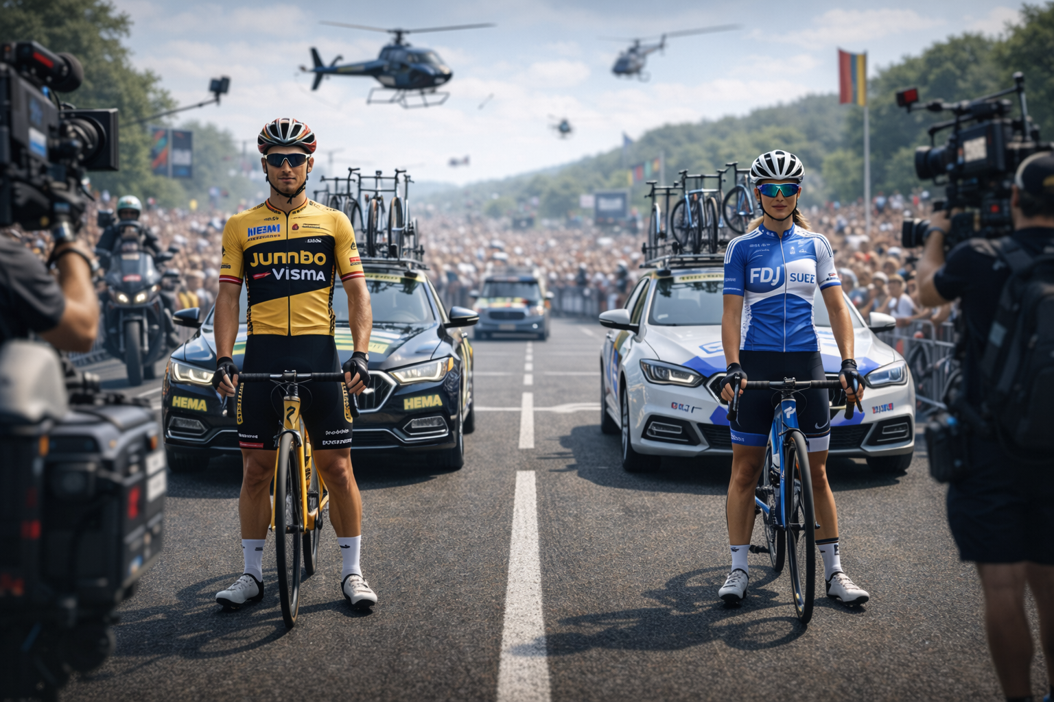 Male and female professional cyclists side by side illustrating cycling pay gap