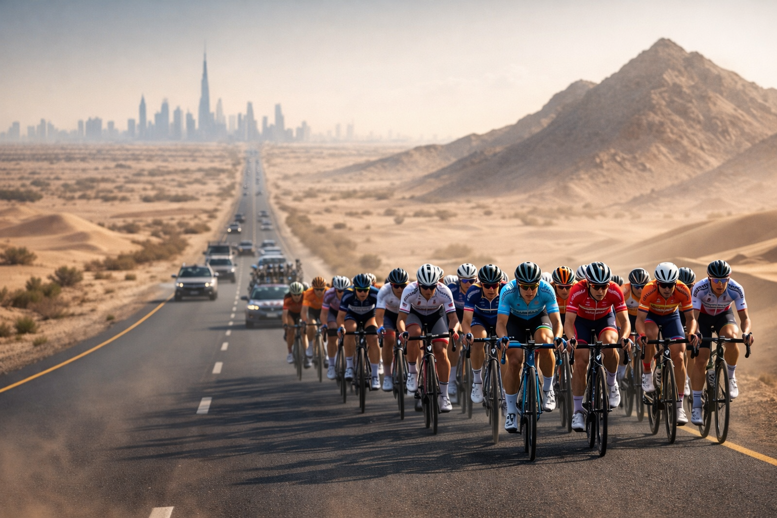 UAE Tour Women 2026 peloton racing in desert stage