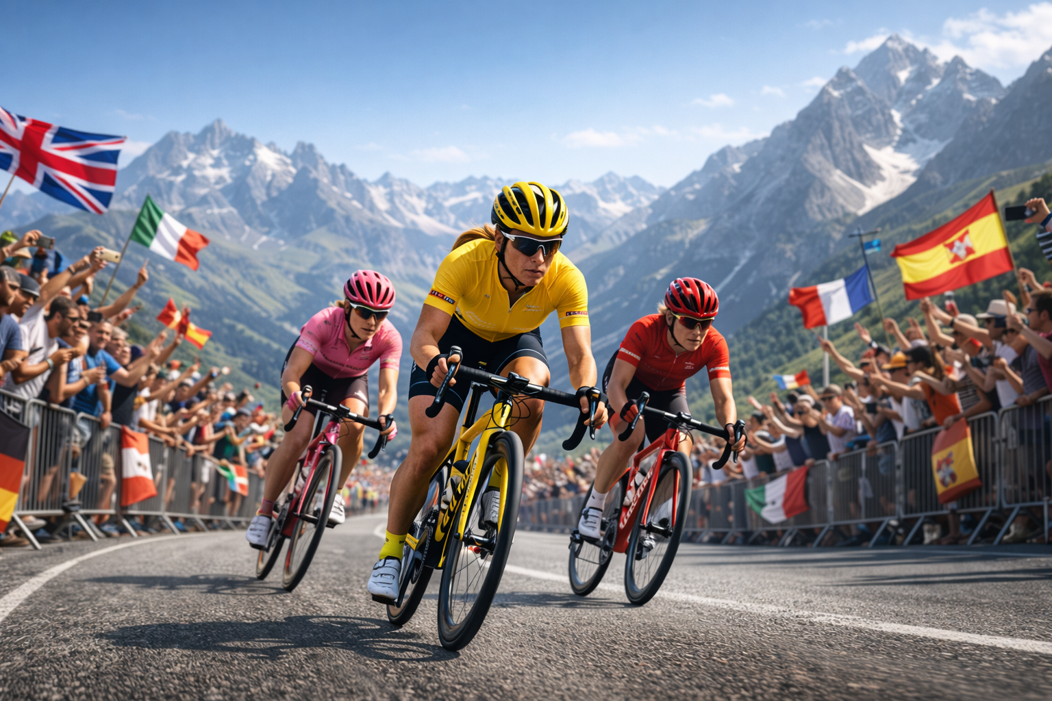 Elite women cyclists racing in Grand Tour stage with yellow pink and red jerseys